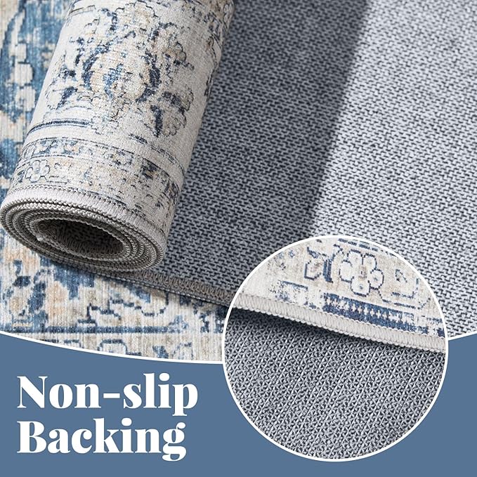 jinchan Fiora 4x6 Area Rugs for Bedroom - Machine Washable Distressed Vintage Floral Design Stain Resistant Boho Carpet Ultra-Thin Low Pile Non-Slip Rug for Living Room Dining Room (4‘x6', Dark Blue)