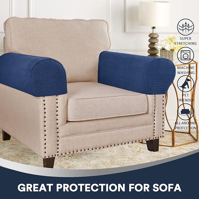 Stretch Sofa Arm Covers Spandex Jacquard Anti-Slip Couch Arm Covers with Sticker Furniture Armrest Protector for Sofa Couch Chair Recliner, Set of 2, Navy