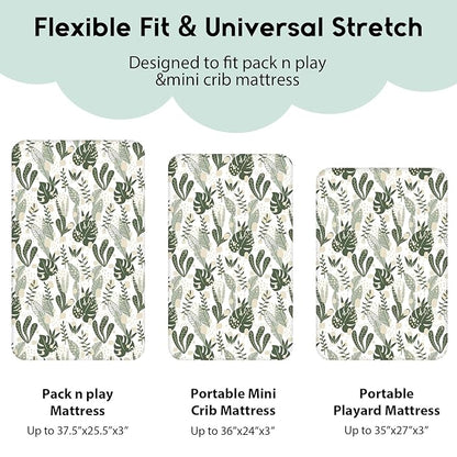 Yoofoss Pack and Play Sheets Fitted, Mini Crib Sheets 2-Pack for Pack N Play Mattress, Stretchy Playard Sheet, Soft and Breathable (Green + Banana Leaves)