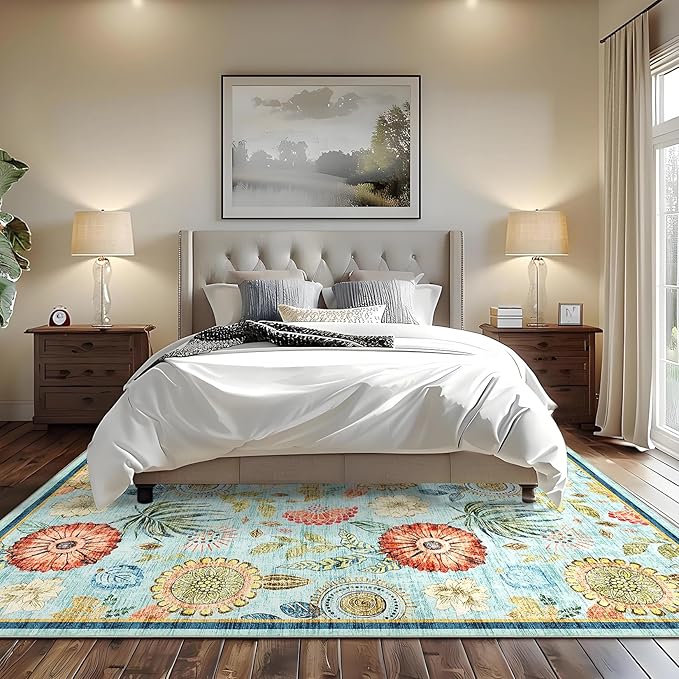 GarveeHome 9x12 Floral Washable Area Rug: Large Living Room Area Rug with Non-Slip Backing Washable Ultra Soft Bedroom Floral Carpet Indoor Stain Resistant Carpet for Dining Room 9 * 12 ft Light Blue