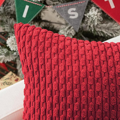 Kevin Textile 14x24 Inch Pillow Cover 1 Pack Boho Christmas Decorative Soft Striped Corduroy Lumbar Farmhouse Color Accent Rectangle Cushion Case for Living Room Couch Sofa Bed, Red