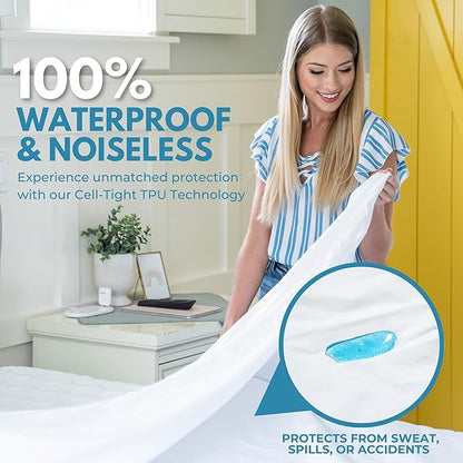 Queen Size 60x80” Premium Waterproof Zippered Mattress Encasement, 100% Cotton, Hypoallergenic, Six Sided Mattress Cover, Invisible Zippered, Soft Breathable up to 15" Deep - Rest Line