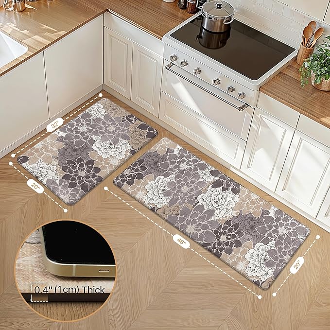 GENIMO Kitchen Mats for Floor 2PCS, Cushioned Anti Fatigue Kitchen Rugs Floral Patterns Mat 20"x32"+20"x48", CoffeeBrown