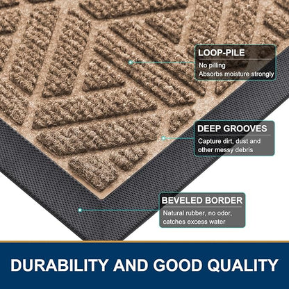 Smiry Front Door Mat Outside Entrance, Heavy Duty Sturdy Natural Rubber Doormat, Trap Dirt and Moisture, Easy Clean Low Profile Mats for Indoor Outdoor Entry, Grid Geometric (29.5x17, Coffee)