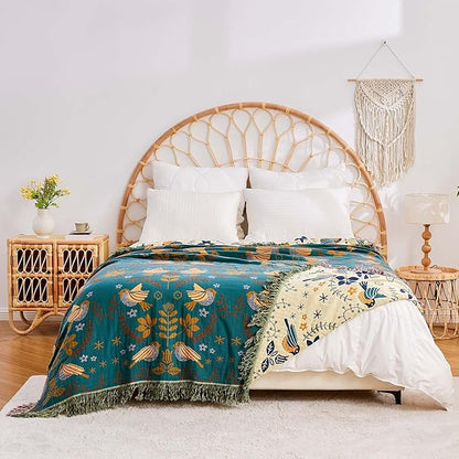 Yellow Boho Throw Blanket, 100% Cotton Blankets for Couch Bed, 90"x98"Cotton Quilt Travel Muslin Blankets Farmhouse Home Decor Soft Lightweight Picnic Blanket for Summer
