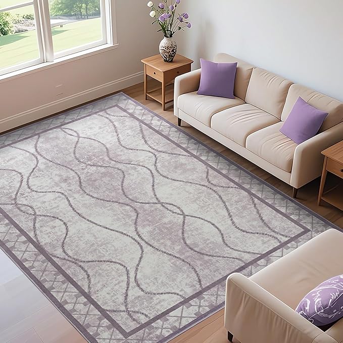 5x7 Area Rugs for Living Room, Machine Washable Rugs, Non-Slip Backing Low Pile Indoor Floor Rugs, Large Modern Carpet for Bedroom Entryway Classroom Playroom Dining Room Home Decor, Purple