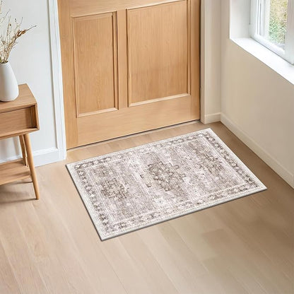 Boho Bathroom Rugs - Washable Non-Slip Soft Low Pile Area Rug for Entryway, Kitchen, and Indoor Spaces - Modern Farmhouse Design, Perfect for Boho Décor (2x3 Beige/Latte)