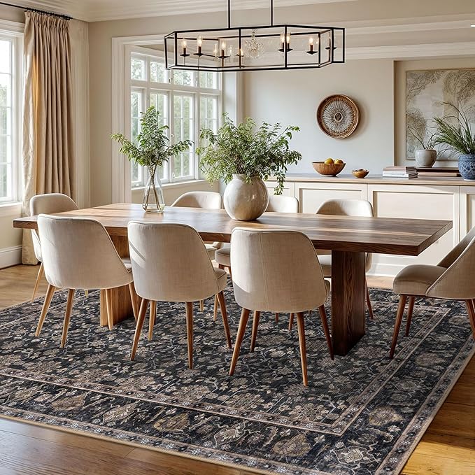 KUTA Vintage 8x10 Area Rugs for Living Room, Washable Large Rug for Bedroom 8ft x 10ft Non-Slip, Brown Ultra Thin Soft Printed Traditional Floral Distressed Dining Room Low-Pile Carpet