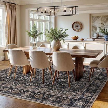 KUTA Vintage 8x10 Area Rugs for Living Room, Washable Large Rug for Bedroom 8ft x 10ft Non-Slip, Brown Ultra Thin Soft Printed Traditional Floral Distressed Dining Room Low-Pile Carpet