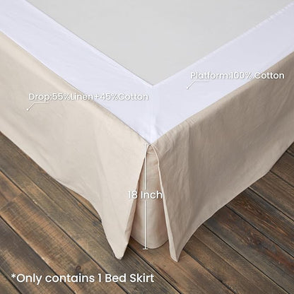 BISELINA French Linen Wrap Around Bed Skirt with Pleated Corner 18-Inch Tailored Drop Natural Flax Cotton Blend Basic Soft Cozy (18" King, Linen)
