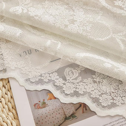 Ivory Vintage Country Floral Lace Sheer Curtains 63 Inches Long -Rod Pocket Light Filtering French Privacy Scalloped Edges Rod Pocket Boho Bedroom ，52 x 63 Inch, 2 Panels