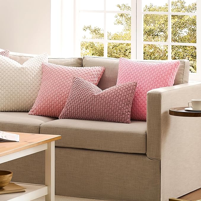 Kevin Textile 14x36 Inch Long Lumbar 1 Pack Boho Decorative Throw Pillow Cover Soft Striped Corduroy Rectangle Cushion Case Farmhouse Accent for Living Room Couch Sofa Bed, Pink