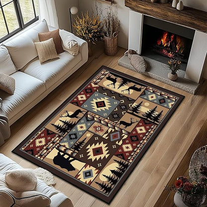 Rustic Rug for Bedroom,Cabin Wildlife Area Rug 4x6 Carpets Runner for Living Room,Buffalo Plaid Bear Moose Deer Country,Washable Throw Rugs Indoor Doormat Non Slip Floor Mats for Dining Room,Laundry