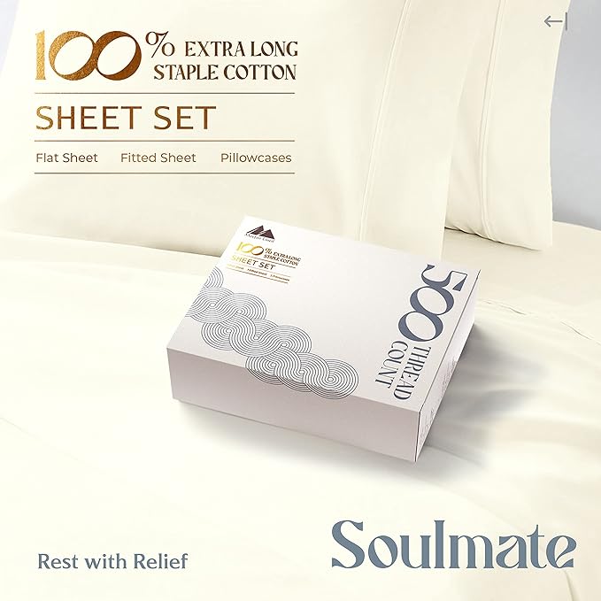 Mayfair Linen 100% Cotton Bed Sheets California King Sheet Set - 500 Thread Count Sheets Cal King Size 4 PC Set (Ivory), Soft, Cooling, 16" Deep Pocket Sateen Weave Cotton Bedsheet for Hot Sleepers