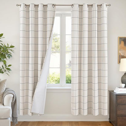 Linen Blackout Curtains for Living Room - Plaid Patterned Curtains 72 Inch Long, Boho Black Out Thermal Insulated Drapes for Bedroom Grommet Style 52x72 Inch 2 Panels, Dark Grey