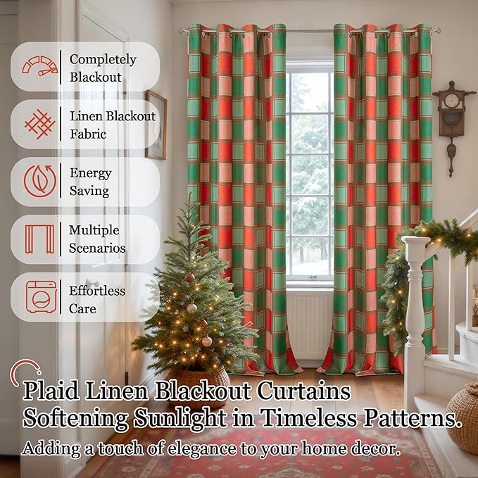Plaid Christmas Curtains for Living Room - Boho Cottage Linen Blackout Gingham Checkered Drapes Extra Long, Farmhouse Thermal Insulated Drapery for Bedroom Winter 52x96 Inch 2 Panels, Red Green
