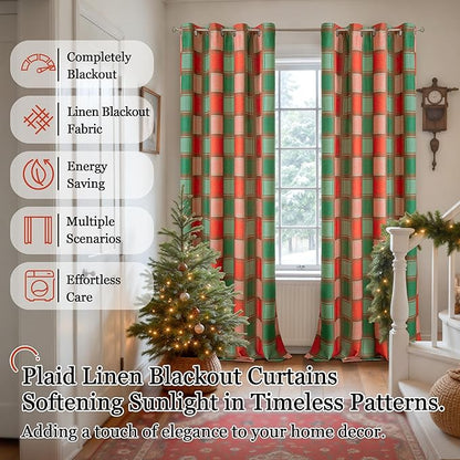 Plaid Christmas Curtains Gingham Patterned - Total Linen Blackout Curtains for Living Room, Farmhouse Checkered Boho Drapes for Bedroom Winter Thermal Insulated 52x90 Inch 2 Panels, Red Green