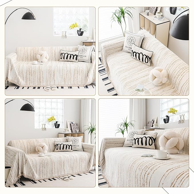 Chenille Couch Cover Pet Friendly, Sofa Cover Washable, Reversible Sofa Slipcover for Sectional Sofa, Loveseat, 2 or 3 Cushion Couch, Corner Sofa, Futon Cover (71" X 118", Khaki)