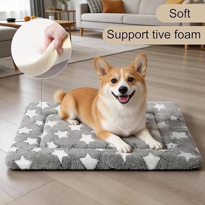Dog Crate Mat, 4 Piece Reversible Pet Bed, Polyester, Machine Washable, Small Dogs & Cats, Rectangular, 24 x 18 x 1.3 Inches (Gray Star, 24" L x 18" W x 1.5" Th)