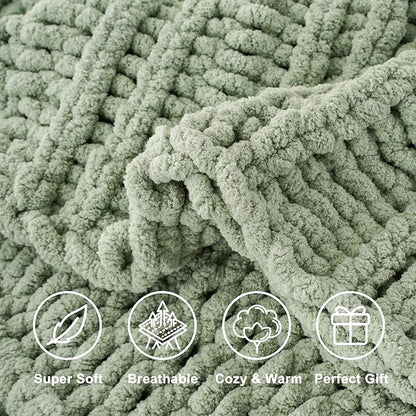 Battilo Chunky Knit Blanket Throw，Sage Throw Blanket for Couch, Thick Warm Soft Cozy Knitted Chenille Throw Blanket for Sofa, Bed, Living Room, 50"x60"