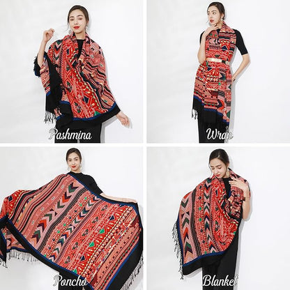 DANA XU 100% Merino Wool Pashmina Shawl for Women 96"x43", Oversized Cashmere Wrap with Tassels, Floral Travel Blanket Cape