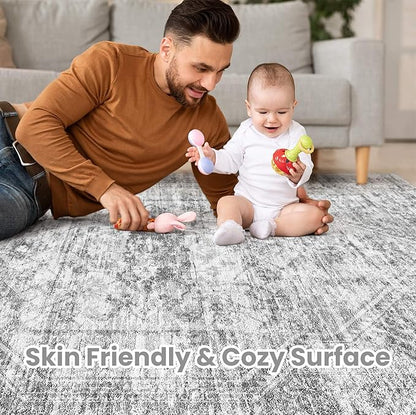 Vintage Living Room Area Rug 8x10 - Large Soft Washable Oriental Traditional Distressed Farmhouse Rugs for Bedroom - Indoor Floor Accent Carpet for Home Office House Decor - Distressed Grey
