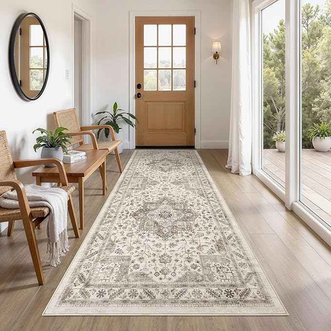 Vintage Hallway Runner Rug 3x8: Large Soft Washable Entryway for Kitchen Laundry Room Non-Slip Backing Runner for Entrance Living Room Bedroom Bathroom - Light Brown