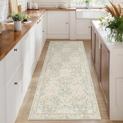MUJOO Washable Runner Rug,Floral 2x6 Runners for Hallway Kitchen Bedroom Bedside Bathroom Laundry Room,Long Non Slip Throw Carpet Boho Indoor Neutral Vintage Ultra-Thin Light Green and Beige