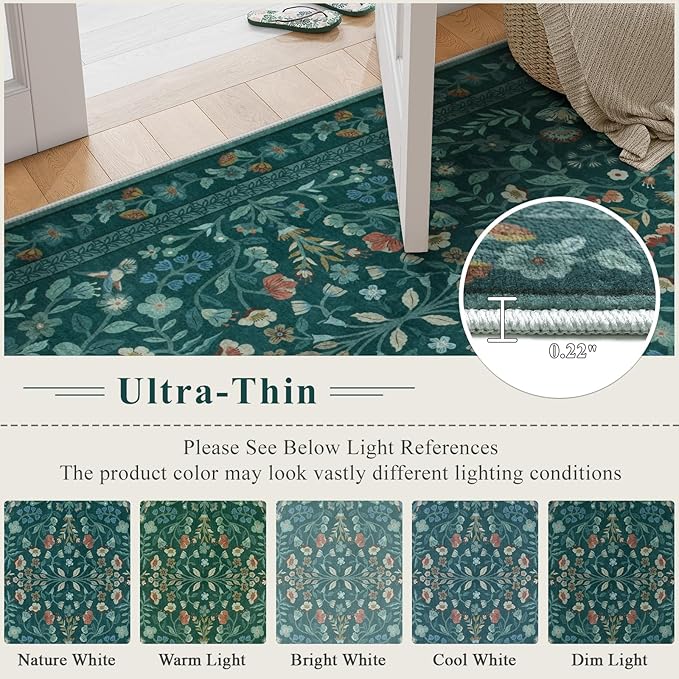 Lahome Floral Washable Rugs 5x7, Non-Slip Ultra-Thin Soft Green Area Rug Bedroom Carpet, Vintage Botanical Print Low-Pile Carpet for Living Room Kitchen Office, Dark Green