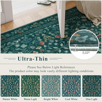 Lahome Floral Washable Rugs 9x12, Non-Slip Untra-Thin Soft Living Room Area Rugs, Vintage Botanical Print Low-Pile Carpet for Bedroom Dining Room Office, Dark Green