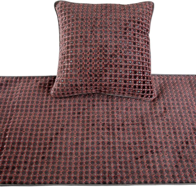 The HomeCentric Grey Bed Runner, Twin Size 53"x18" Decorative Bed Runner with 2 Matching Pillow Cover, Peach & Grey Velvet Bed Scarf in Sequins Embroidery - Ditto Dots