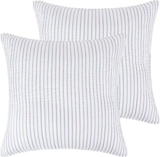 Levtex Home - Tobago Stripe Blue - Quilted Taupe and White Shams Set of Two (26x26in.), No Insert - Pin Stripe - Cotton Fabric