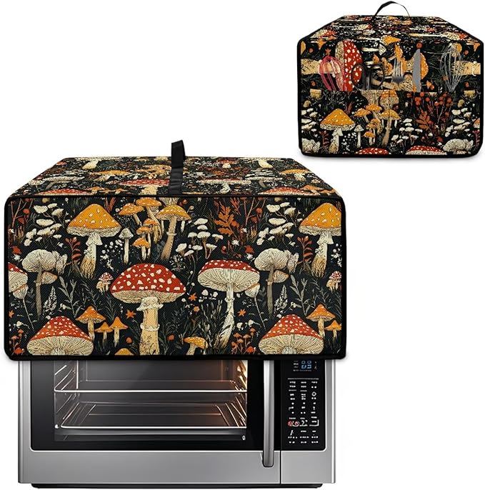 Dustproof Toaster Oven Cover Polyester-Linen Fabric Microwave Oven Dust Cover Foldable Kitchen Appliance Protector Dirt and Fingerprint Protection, Vintage Mushroom Plant Print, S