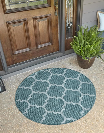Unique Loom Outdoor Trellis Collection Area Rug (3' 3" Round, Teal/ Gray)
