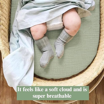 Baby Muslin Bassinet Sheets 3 Pack for Boys & Girls, Soft Breathable Cotton Bassinet Mattress Cover, Universal Fit for Hourglass, Oval, and Rectangle Mattress (Leaf Green)