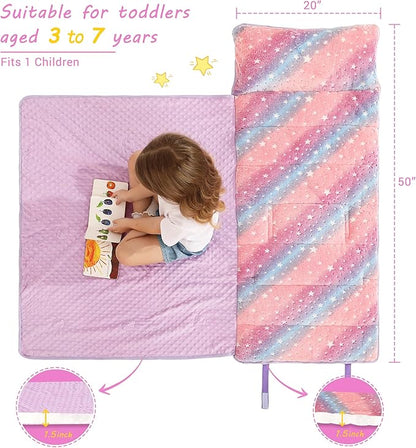 Toddler Nap Mat with Pillow and Blanket, Extra Large Rolled Napping Mats,Slumber Bags for Boys Girls,Kids Sleeping Bag for Daycare, Preschool Travel Camping