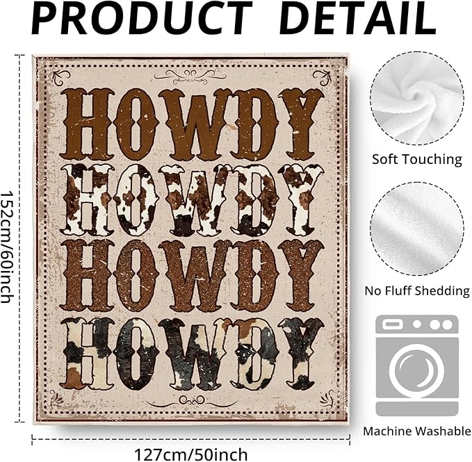Vintage Howdy Western Blanket, Western Country Cowgirl Throw Blankets for Girly Room Bedroom Dorm Couch Bed Decor, Cowgirl Gifts for Women Girls, 50x60 Inch
