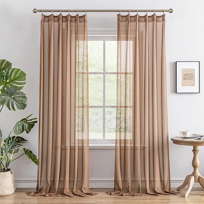 Mocha Moose Pinch Pleat Sheer Curtains 120 Inch Length for Living Room Soft Touch Light Filtering Modern Pleated Drapes with Adjustable Hooks 10ft Curtains, Mocha Moose, 42" W x 120" L, 2 Panels