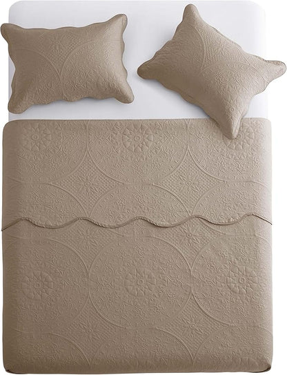 IR Imperial Rooms King Quilt Bedding Set Size (106" x 96") + 2 Pillow Shams (20" x 36"+ 2") - 3 Pcs All Season Lightweight Reversible Microfiber Coverlet Floral Embossed Quilt Bedspread (Beige)