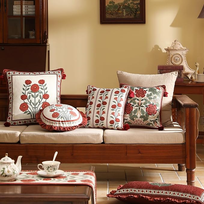 Vintage Square Throw Pillow Covers,Red Cozy Velvet with Leaves and Floral Pattern Pillowcases,Decoration Pillows Cushion Covers for Living Room Couch Sofa Bed Car Chair,18"x18"