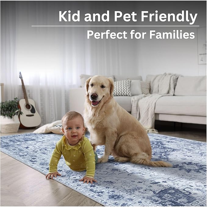 Bloom Rugs Washable Non-Slip 5' x 7' Rug - Gray/Blue Traditional Medallion Area Rug for Living Room, Bedroom, Dining Room, and Kitchen - Exact Size: 5' x 7'