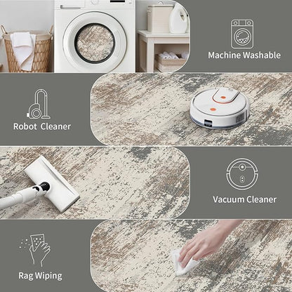 Ciicool 2x6 Washable Runner Rug, Modern Abstract Hallway Rugs Runner, Non-Slip Thin Accent Rug Lightweight Gray Brown Print Distressed Carpet for Laundry Entryway Bedroom Kitchen Bathroom Indoor