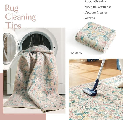 MUJOO Pink 5x7 Area Rugs,Floral Washable Rug for Living Room Bedroom Office Dining Room,Large Throw Carpet,Boho Non Slip Indoor Floor Big Soft Botanical Vintage Ultra-Thin