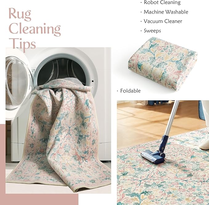MUJOO Washable Runner Rug Pink,Floral 2x6 Runners for Hallway Kitchen Bedroom Bedside Bathroom Laundry Room,Long Non Slip Throw Carpet Boho Indoor Botanical Vintage Ultra-Thin