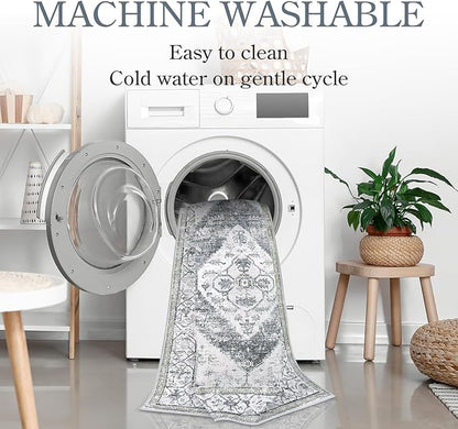 Lahome Boho Small Rug - 2x5 Non-Slip Washable Laundry Room Rug, Lightweight Hallway Rugs Indoor, Oriental Distressed Print Carpet Runners for Bedroom Kitchen Bathroom