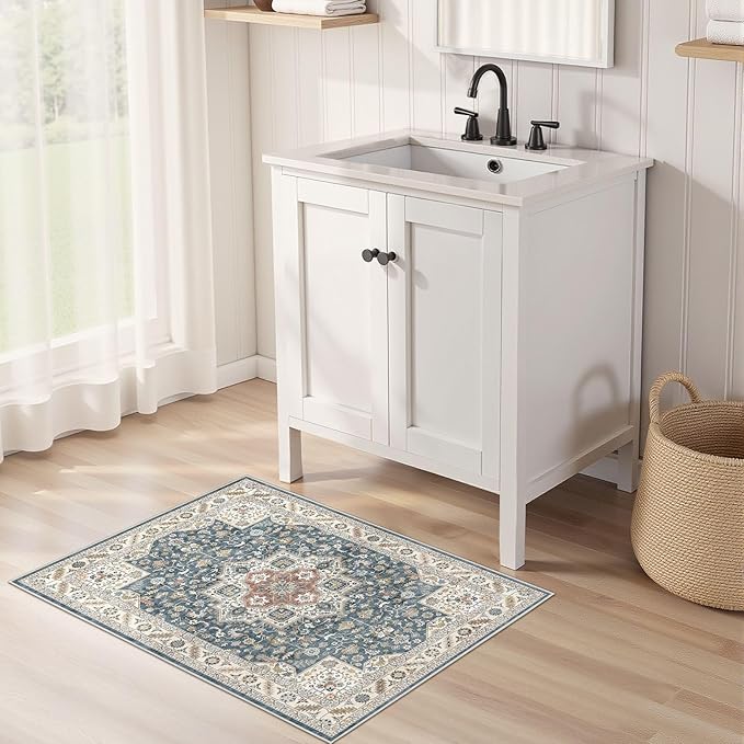 Vintage Entryway Area Rug 2x3 - Large Soft Washable Oriental Traditional Distressed Farmhouse Rugs for Bedroom - Indoor Floor Accent Carpet for Home Office House Decor - Blue