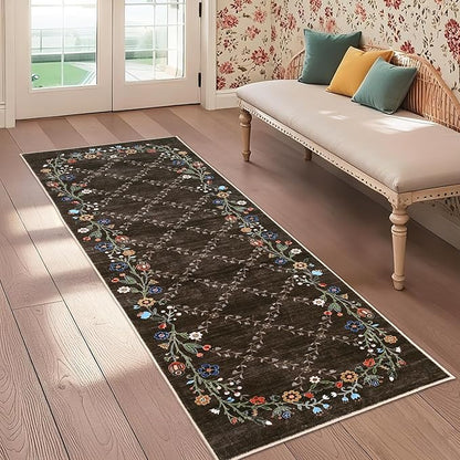 GarveeHome 2x6 Washable Floral Runner Rugs for Hallway: Modern Floral Non Slip Large Runner Rugs for Kitchen, Large Machine Washable Hallways Low Pile Carpet with Non-Slip Backing Brown 2 ft x6 ft.
