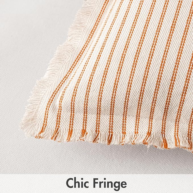 MIULEE Pack of 2 Orange Throw Pillow Covers 24x24 Inch Striped Farmhouse Couch Pillowcases with Fringe Chic Linen Decorative Euro Sham Cushion Covers for Halloween Sofa Living Room Bed Home Decor