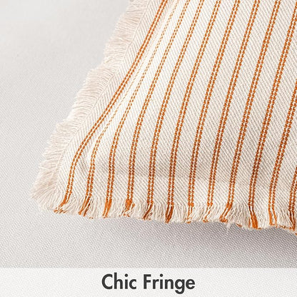 MIULEE Pack of 2 Orange Throw Pillow Covers 24x24 Inch Striped Farmhouse Couch Pillowcases with Fringe Chic Linen Decorative Euro Sham Cushion Covers for Halloween Sofa Living Room Bed Home Decor