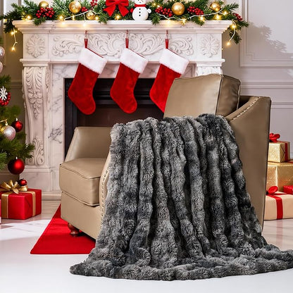 Lotus Karen Faux Fur Blanket Tie-Dye Dark Gray Twin Size - Big Bubble Rabbit Fluff Throw for Couch Small Fluffy Fuzzy Cozy Thick Furry Plush Shaggy Blankets 108x90 Inches